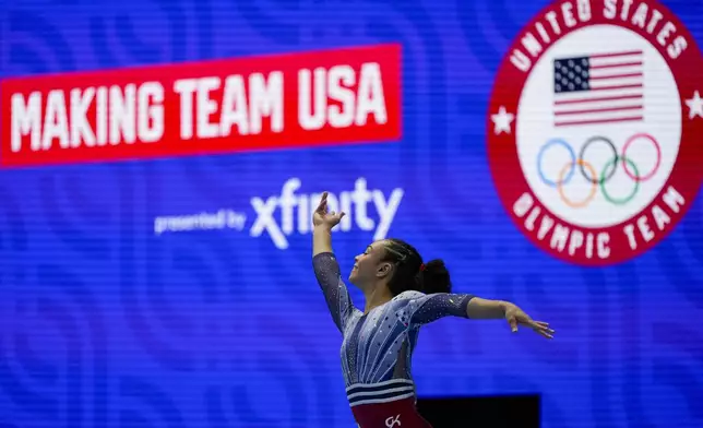 Hezly Rivera competes in the floor exercise at the United States Gymnastics Olympic Trials on Sunday, June 30, 2024, in Minneapolis. (AP Photo/Charlie Riedel)