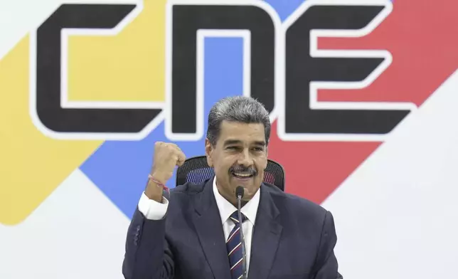 Venezuelan President Nicolas Maduro attends a ceremony at the National Electoral Council (CNE) that certifies him as the winner of the presidential election in Caracas, Venezuela, Monday, July 29, 2024. (AP Photo/Matias Delacroix)