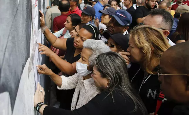 People look for their assigned voting tables during the presidential election in Caracas, Venezuela, Sunday, July 28, 2024. (AP Photo/Cristian Hernandez)