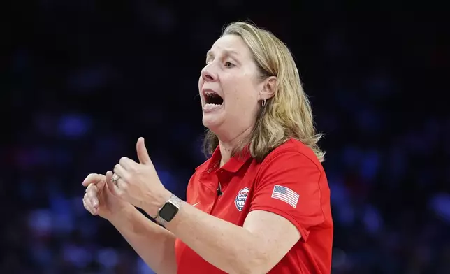 Team USA head coach Cheryl Reeve shouts instructions to players during the second half of a WNBA All-Star basketball game against Team WNBA, Saturday, July 20, 2024, in Phoenix. (AP Photo/Ross D. Franklin)