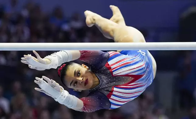 Tiana Sumanasekera competes on the uneven bars at the United States Gymnastics Olympic Trials on Sunday, June 30, 2024, in Minneapolis. (AP Photo/Abbie Parr)