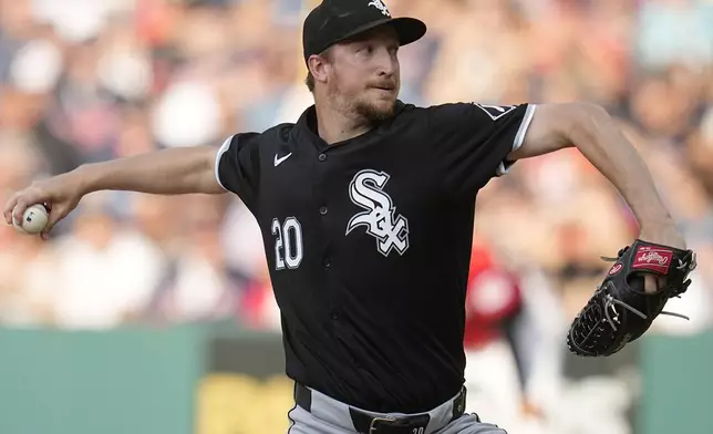 Chicago White Sox's Erick Fedde pitches in the first inning of a baseball game against the Cleveland Guardians, Wednesday, July 3, 2024, in Cleveland. (AP Photo/Sue Ogrocki)