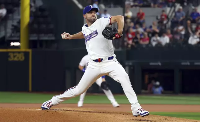 Texas Rangers starting pitcher Max Scherzer (31) delivers in the first inning of a baseball game against the Chicago White Sox Thursday, July 25, 2024, in Arlington, Texas. (AP Photo/Richard W. Rodriguez)