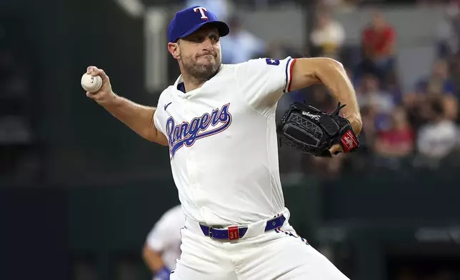 Texas Rangers starting pitcher Max Scherzer (31) delivers in the first inning of a baseball game against the Chicago White Sox Thursday, July 25, 2024, in Arlington, Texas. (AP Photo/Richard W. Rodriguez)