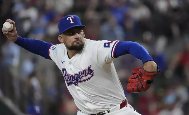 Texas Rangers starting pitcher Nathan Eovaldi throws during the first inning of a baseball game against the Chicago White Sox in Arlington, Texas, Wednesday, July 24, 2024. (AP Photo/LM Otero)