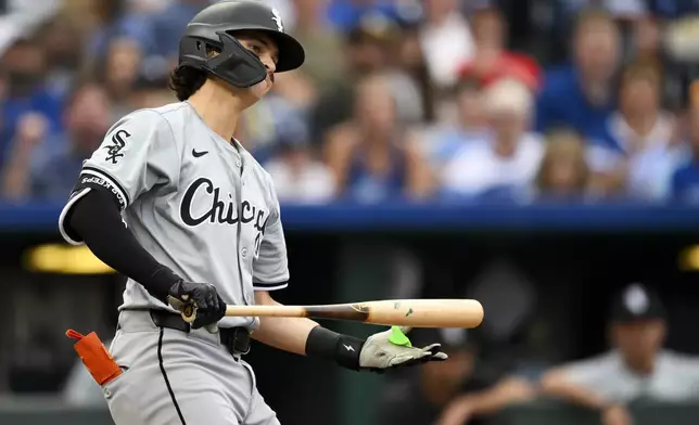 Chicago White Sox' Brooks Baldwin strikes out against the Kansas City Royals during the fourth inning of a baseball game, Saturday, July 20, 2024, in Kansas City, Mo. (AP Photo/Reed Hoffmann)