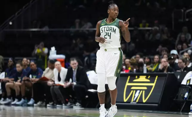 Seattle Storm guard Jewell Loyd reacts to making a three-pointer against the Dallas Wings during the first half of a WNBA basketball game, Monday, July 1, 2024, in Seattle. (AP Photo/Lindsey Wasson)