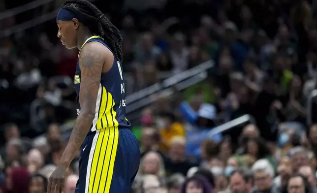 Dallas Wings forward Natasha Howard looks down after the ball went out of bounds against the Seattle Storm during the second half of a WNBA basketball game, Monday, July 1, 2024, in Seattle. The Storm won 95-71. (AP Photo/Lindsey Wasson)