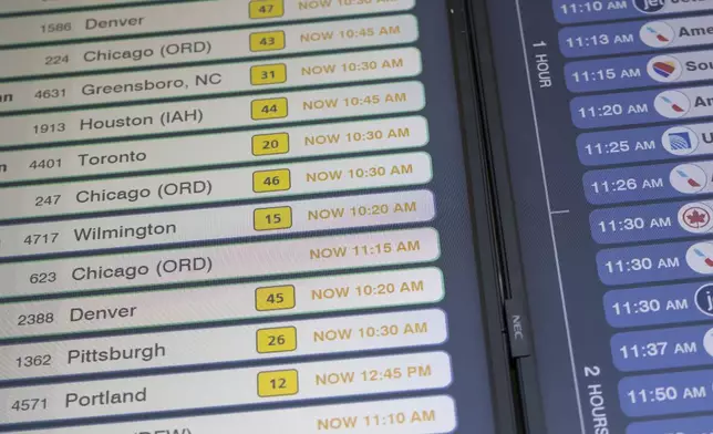 Delayed flight schedules are displayed on a screen at LaGuardia Airport in New York on Friday, July 19, 2024, after a faulty CrowdStrike update caused a major internet outage for computers running Microsoft Windows. (AP Photo/Yuki Iwamura)