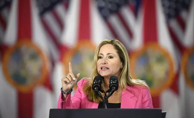 FILE - Former Rep. Debbie Mucarsel-Powell, a Democratic candidate for the U.S. Senate, addresses the crowd before an appearance by President Joe Biden during his reproductive freedom campaign event at Hillsborough Community College, April 23, 2024, in Tampa, Fla. (AP Photo/Phelan M. Ebenhack, File)