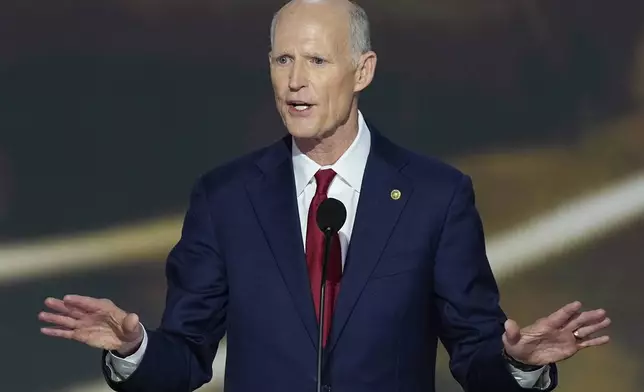 FILE - Sen. Rick Scott, R-Fla., speaks during the second day of the Republican National Convention July 16, 2024, in Milwaukee. (AP Photo/J. Scott Applewhite, File)