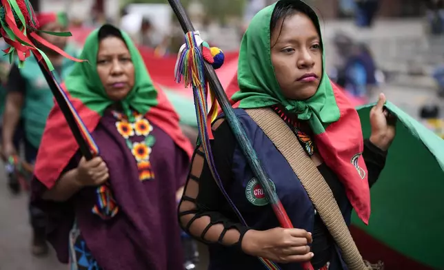 Indigenous people march to protest the violence and drug trafficking affecting their region, in Bogota, Colombia, Tuesday, Aug. 27, 2024. (AP Photo/Fernando Vergara)