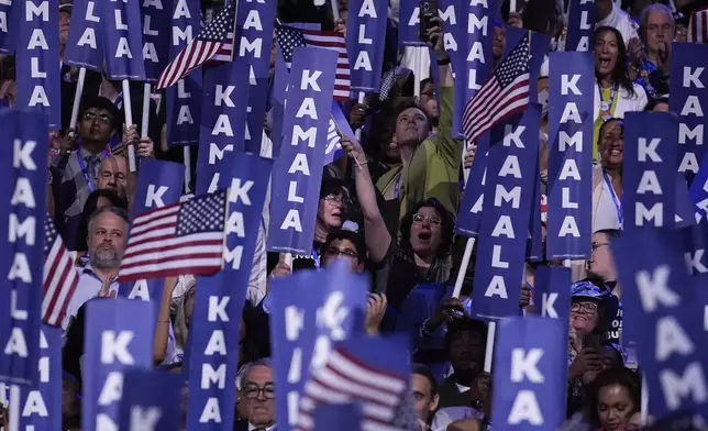 Delegates cheer as Democratic presidential nominee Vice President Kamala Harris speaks during the Democratic National Convention Thursday, Aug. 22, 2024, in Chicago. (AP Photo/Brynn Anderson)