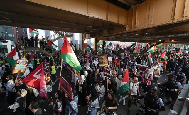 Protesters march during a demonstration outside the Democratic National Convention Wednesday, Aug. 21, 2024, in Chicago. (AP Photo/Julio Cortez)