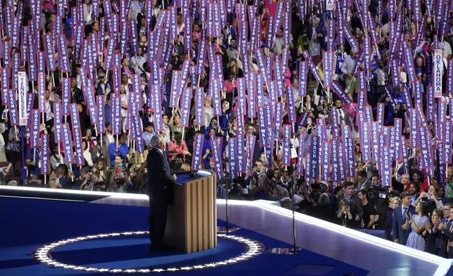 Democratic vice presidential nominee Minnesota Gov. Tim Walz speaks during the Democratic National Convention Wednesday, Aug. 21, 2024, in Chicago. (AP Photo/Morry Gash)