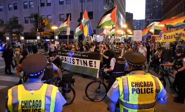 Protesters march passed a police line prior to the start of the Democratic National Convention Sunday, Aug. 18, 2024, in Chicago. (AP Photo/Alex Brandon)