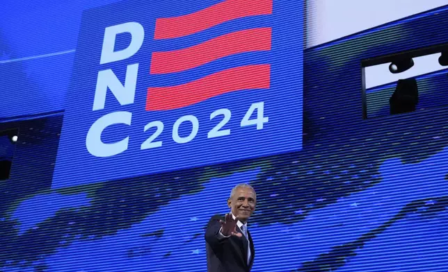 Former President Barack Obama speaks during the Democratic National Convention Tuesday, Aug. 20, 2024, in Chicago. (AP Photo/Brynn Anderson)