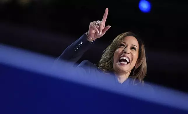 Democratic presidential nominee Vice President Kamala Harris speaks during the Democratic National Convention Thursday, Aug. 22, 2024, in Chicago. (AP Photo/Brynn Anderson)