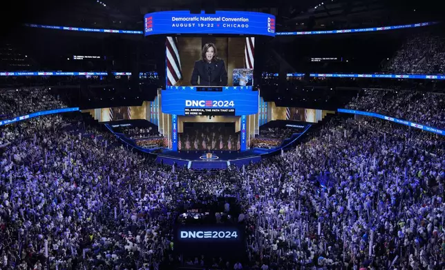 Democratic presidential nominee Vice President Kamala Harris speaks during the Democratic National Convention Thursday, Aug. 22, 2024, in Chicago. (AP Photo/J. Scott Applewhite)