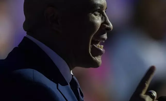 Sen. Cory Booker, D-NJ, speaks during the Democratic National Convention Wednesday, Aug. 21, 2024, in Chicago. (AP Photo/Matt Rourke)