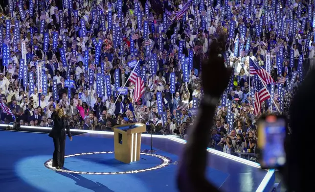 Democratic presidential nominee Vice President Kamala Harris during the Democratic National Convention Thursday, Aug. 22, 2024, in Chicago. (AP Photo/Morry Gash)