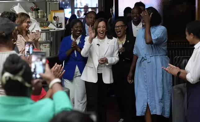 Democratic presidential nominee Vice President Kamala Harris talks as she makes a stop at a volunteer appreciation event at The Gray in downtown Savannah, Ga., Thursday, Aug. 29, 2024. (AP Photo/Jacquelyn Martin)