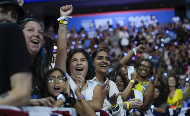 Supporters cheer as Democratic presidential nominee Vice President Kamala Harris and her running mate Minnesota Gov. Tim Walz arrive at a campaign rally in Philadelphia, Tuesday, Aug. 6, 2024. (AP Photo/Matt Rourke)