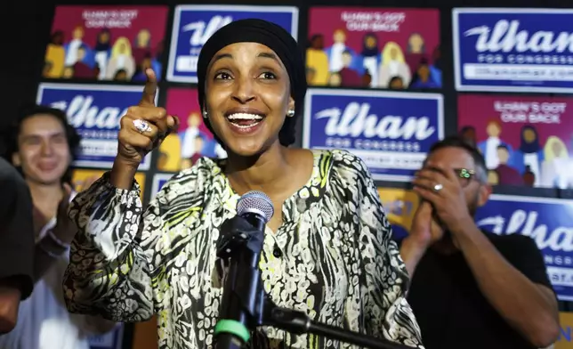 Rep. Ilhan Omar speaks after winning the primary at Nighthawks in Minneapolis, Tuesday, Aug. 13, 2024. (Kerem Yücel/Minnesota Public Radio via AP)