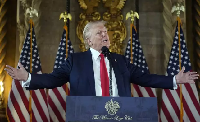 Republican presidential nominee former President Donald Trump speaks to reporters during a news conference at his Mar-a-Lago estate Thursday, Aug. 8, 2024, in Palm Beach, Fla. (AP Photo/Alex Brandon)