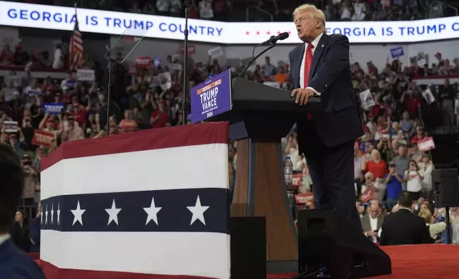 Republican presidential candidate former President Donald Trump speaks at a campaign rally at Georgia State University in Atlanta, Saturday, Aug. 3, 2024. (AP Photo/John Bazemore)