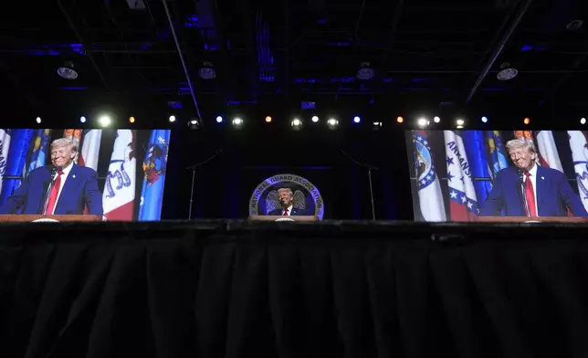 Republican presidential nominee former President Donald Trump speaks at the National Guard Association of the United States' 146th General Conference, Monday, Aug. 26, 2024, in Detroit. (AP Photo/Carolyn Kaster)