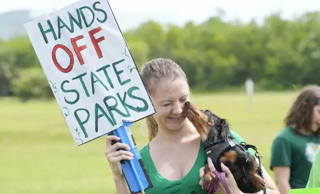 Bonnie, a seven-month-old dachshund, licks Alexandra Maxwell's face as they a protest against Gov. Ron DeSantis' plan to develop state parks with business ventures such as golf courses, pickleball courts and large hotels, during a demonstration at Oleta River State Park, Tuesday, Aug. 27, 2024, in North Miami Beach, Fla. (AP Photo/Wilfredo Lee)