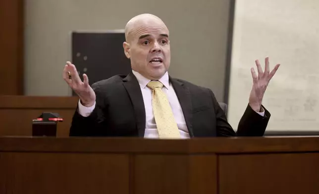 Robert Telles addresses the jury during his murder trial at the Regional Justice Center in Las Vegas, Friday, Aug. 23, 2024. Telles, a former Clark County public administrator, is charged in the murder of Las Vegas Review-Journal investigative journalist Jeff German. (K.M. Cannon/Las Vegas Review-Journal via AP)