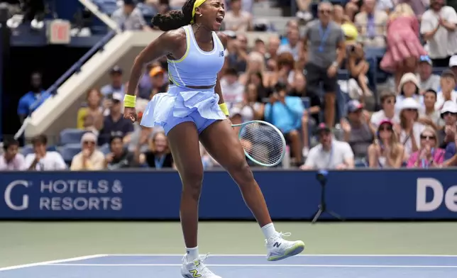 Coco Gauff, of the United States, reacts after defeating Elina Svitolina, of Ukraine, during the third round of the U.S. Open tennis championships, Friday, Aug. 30, 2024, in New York. (AP Photo/Seth Wenig)