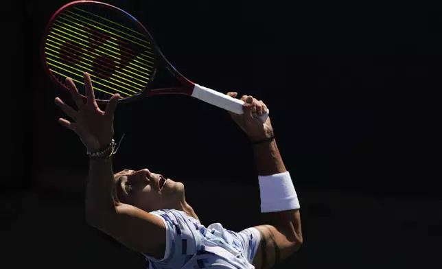 Alejandro Tabilo, of Chile, serves to David Goffin, of Belgium, during the first round of the U.S. Open tennis championships, Tuesday, Aug. 27, 2024, in New York. (AP Photo/Julia Nikhinson)