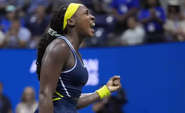 Coco Gauff, of the United States, reacts against Tatjana Maria, of Germany, during a second round match of the U.S. Open tennis championships, Wednesday, Aug. 28, 2024, in New York. (AP Photo/Frank Franklin II)