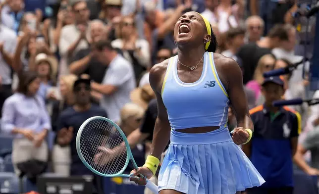 Coco Gauff, of the United States, reacts after defeating Elina Svitolina, of Ukraine, during the third round of the U.S. Open tennis championships, Friday, Aug. 30, 2024, in New York. (AP Photo/Seth Wenig)