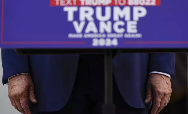 Republican presidential nominee former President Donald Trump speaks at a news conference at Trump National Golf Club, Thursday, Aug. 15, 2024, in Bedminster, N.J. (AP Photo/Julia Nikhinson)