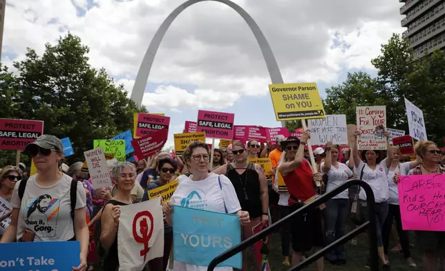 FILE - Abortion-rights supporters take part in a protest, May 30, 2019, in St. Louis. (AP Photo/Jeff Roberson, File)