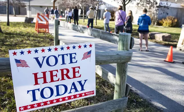 FILE - Patrons of the Gallatin County Fairgrounds wait in line to cast their ballots in Bozeman, Mont., Nov. 3, 2020. (AP Photo/Tommy Martino, File)