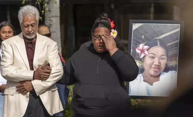 Easter Leafa addresses a crowd during a march for her daughter, also named Easter Leafa recently fatally shot by police, Saturday, Aug. 17, 2024, outside the Nesbett Courthouse in Anchorage, Alaska. (Loren Holmes