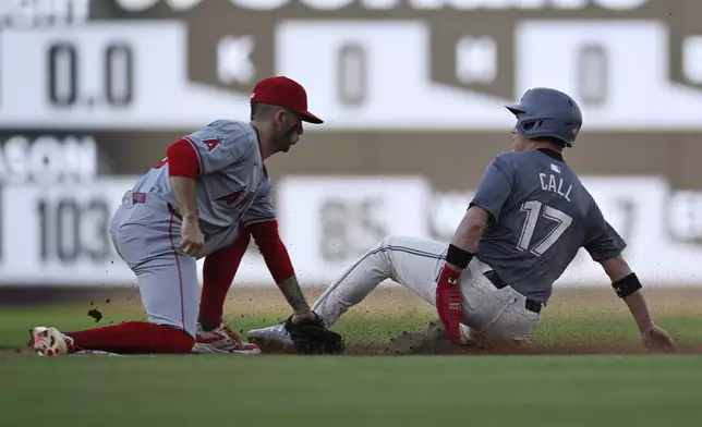 Los Angeles Angels shortstop Zach Neto, left, tags out Washington Nationals' Alex Call, right, who was attempting to steal second base during the first inning of a baseball game, Friday, Aug. 9, 2024, in Washington. (AP Photo/John McDonnell)