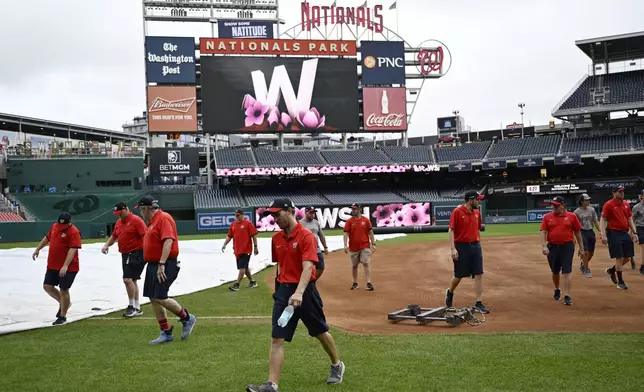 Washington Nationals grounds crew assess the condition of the field after pulling off the tarp after a day of rain before a baseball game against the Los Angeles Angels at Nationals Park, Friday, Aug. 9, 2024, in Washington. (AP Photo/John McDonnell)