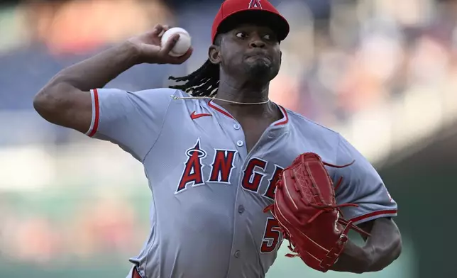 Los Angeles Angels starting pitcher Jose Soriano throws during the first inning of a baseball game against the Washington Nationals, Friday, Aug. 9, 2024, in Washington. (AP Photo/John McDonnell)