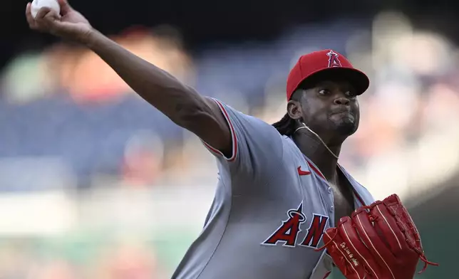 Los Angeles Angels starting pitcher Jose Soriano throws during the first inning of a baseball game against the Washington Nationals, Friday, Aug. 9, 2024, in Washington. (AP Photo/John McDonnell)