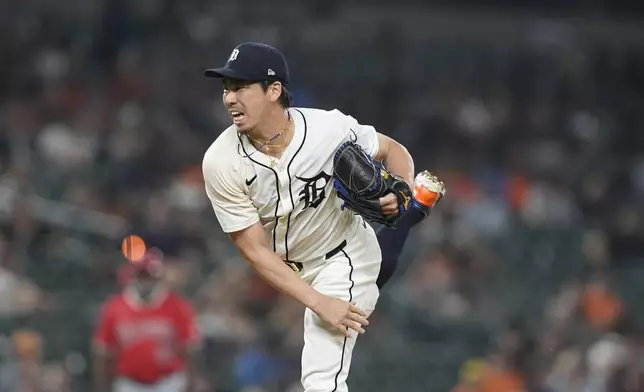 Detroit Tigers pitcher Kenta Maeda throws during the third inning of a baseball game against the Los Angeles Angels, Wednesday, Aug. 28, 2024, in Detroit. (AP Photo/Carlos Osorio)