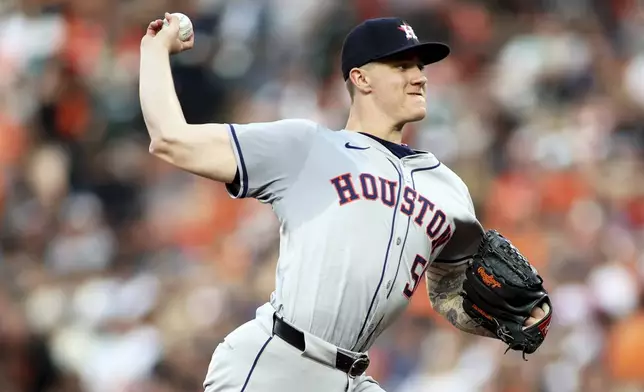 Houston Astros pitcher Hunter Brown delivers during the third inning of a baseball game against the Baltimore Orioles, Friday, Aug. 23, 2024, in Baltimore. (AP Photo/Daniel Kucin Jr.)