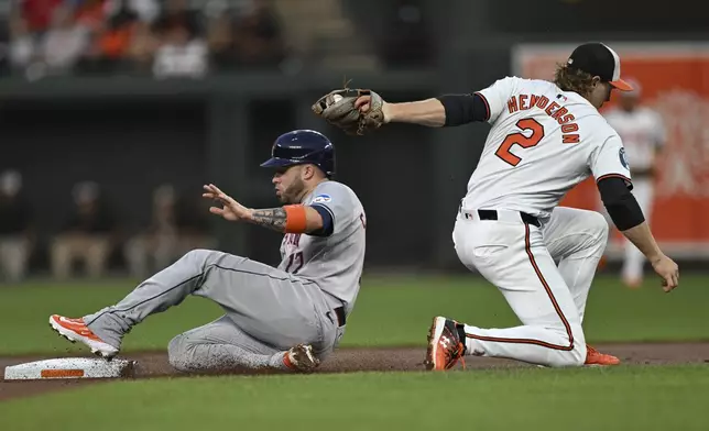 Houston Astros' Victor Caratini is tagged out by Baltimore Orioles shortstop Gunnar Henderson (2) while attempting to steal a base against catcher Adley Rutschman during the first inning of a baseball game, Sunday, Aug. 25, 2024, in Baltimore. (AP Photo/Terrance Williams)