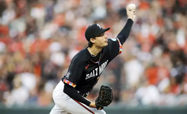 Baltimore Orioles pitcher Cade Povich throws during the second inning of a baseball game against the Houston Astros, Friday, Aug. 23, 2024, in Baltimore. (AP Photo/Daniel Kucin Jr.)