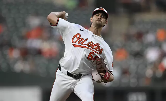 Baltimore Orioles pitcher Dean Kremer throws during the first inning of a baseball game against the Houston Astros, Sunday, Aug. 25, 2024, in Baltimore. (AP Photo/Terrance Williams)